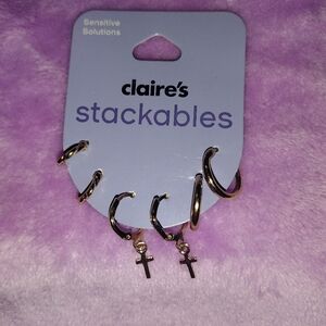 Claire's Gold Hoop Earrings Cross Charms🆕